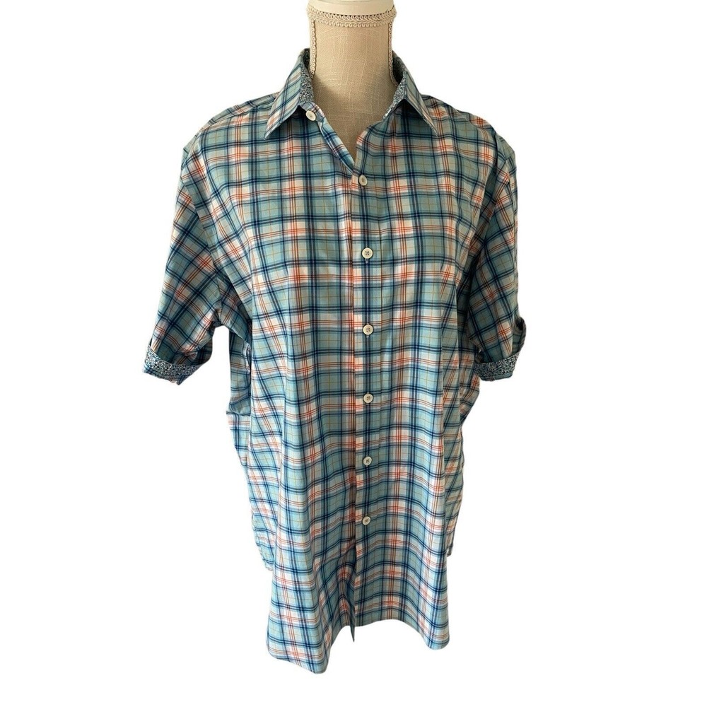 Bugatchi Classic Fit Colorful Plaid Short Sleeve Button Down Sz M Flip Cuff